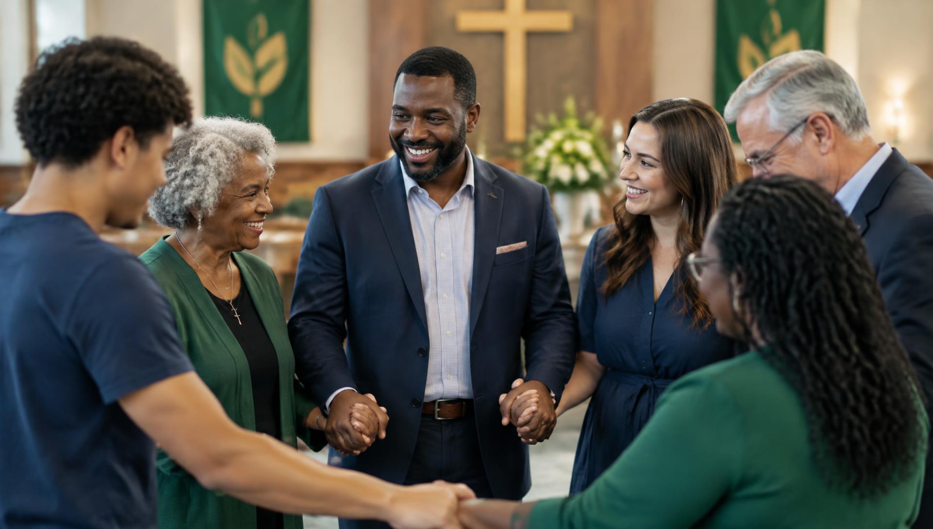 Diverse church leaders joining hands in unity