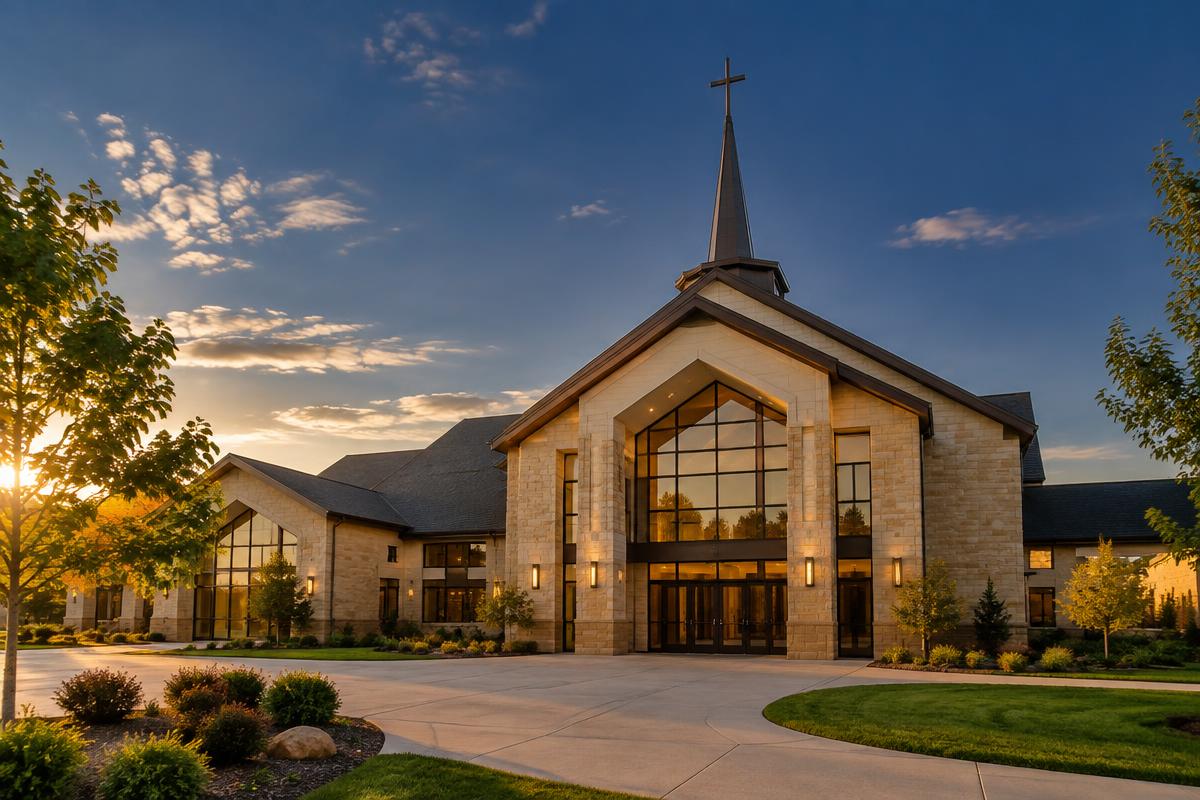 Modern church building at sunset